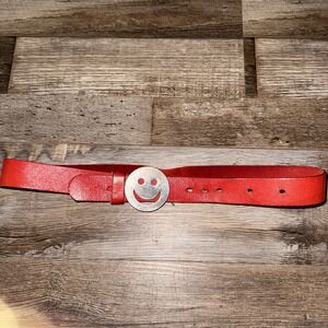 Smiley Face Belt Buckle With Red Leather Belt 30" Vintage Pre Owned